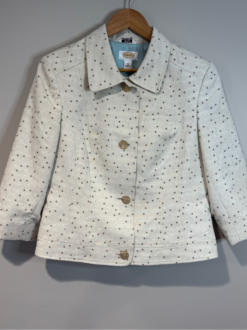 Talbots Petites Polka Dot Blazer Jacket White Blue Gray 3/4 Sleeve Coastal 14P